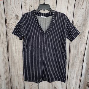 Zara Trafaluc | Blue & White Striped V-Neck Short Sleeve T-Shirt Mini Dress